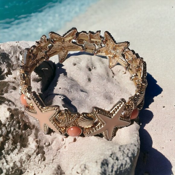 Starfish Stretch Bracelet 8" Fashion Costume Peach Orange Gold Tone Beach Ocean - Picture 1 of 6